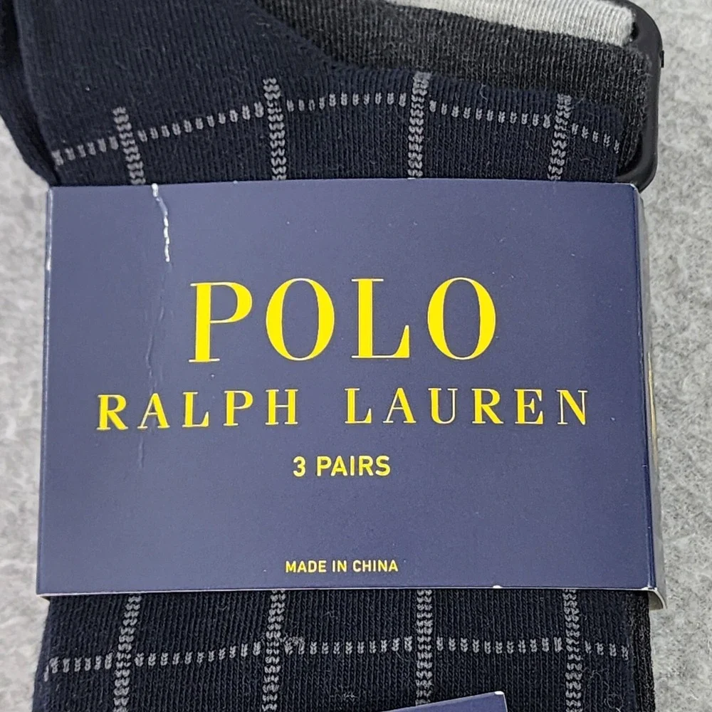 Polo Ralph Lauren Men Size 10-13 Logo Window Pane Solid Navy 3-Pairs Dress Socks
